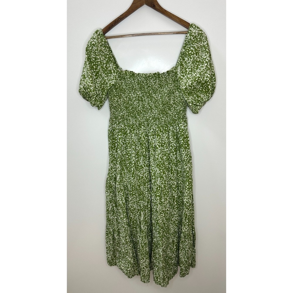 Abercrombie & Fitch Green Floral Linen Blend Smocked Puff Sleeve Midi Dress XL - Picture 2 of 12